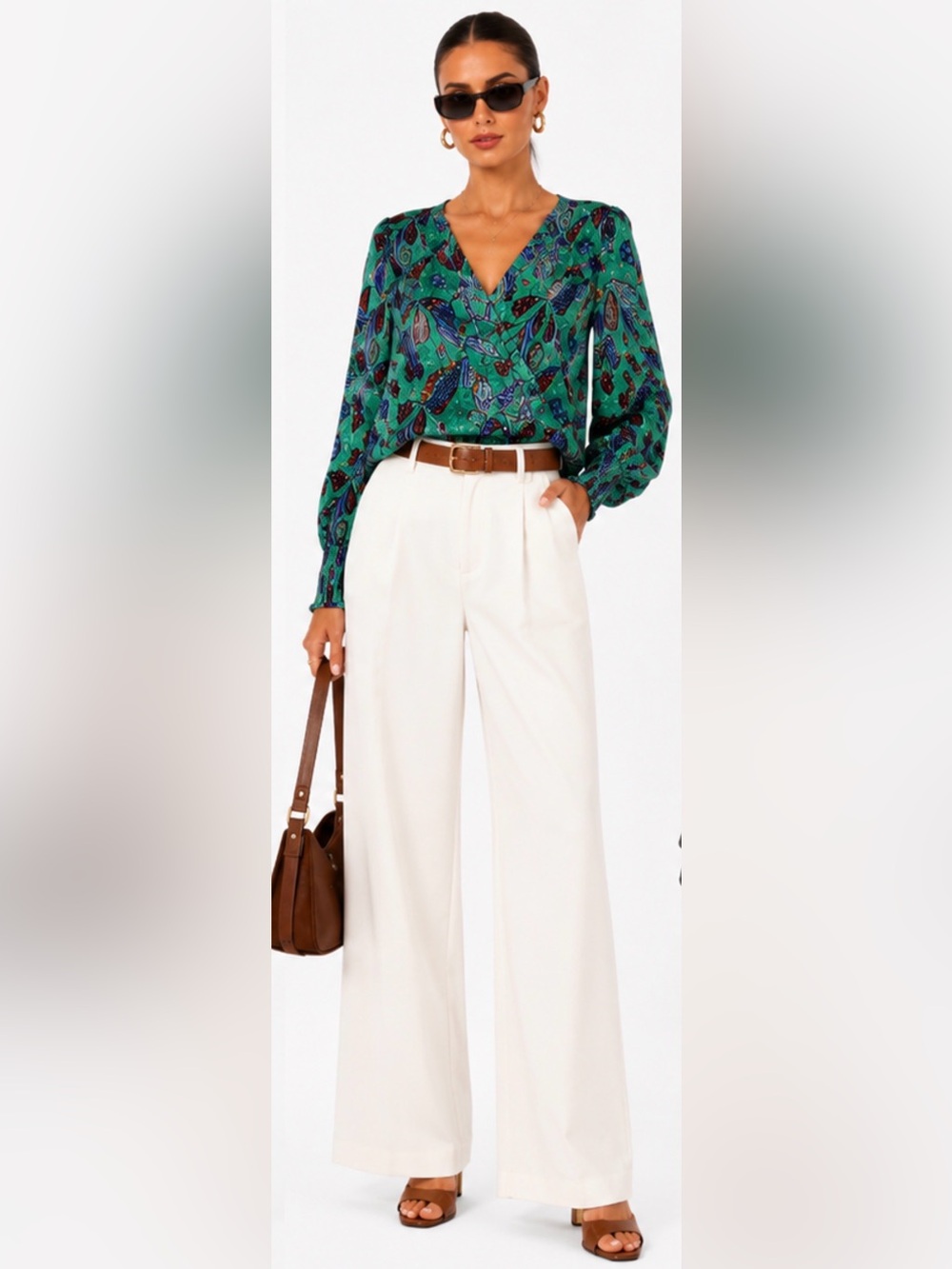 Democracy Emerald Floral Rose Gold  V-Neck Pleated Faux Wrap Blouse Large L NWT